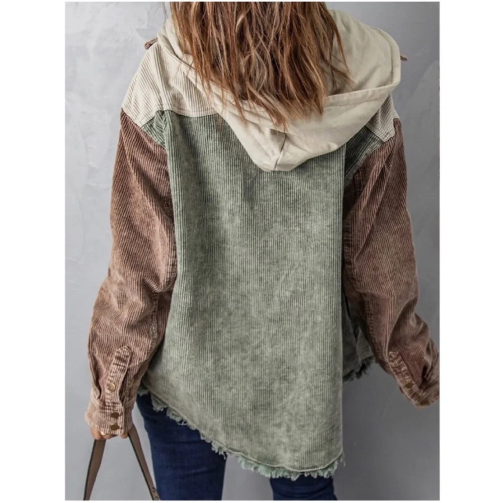 016 Cozy Color Block Oversized Corduroy Hoodie Jacket Shacket - Picture 4 of 8
